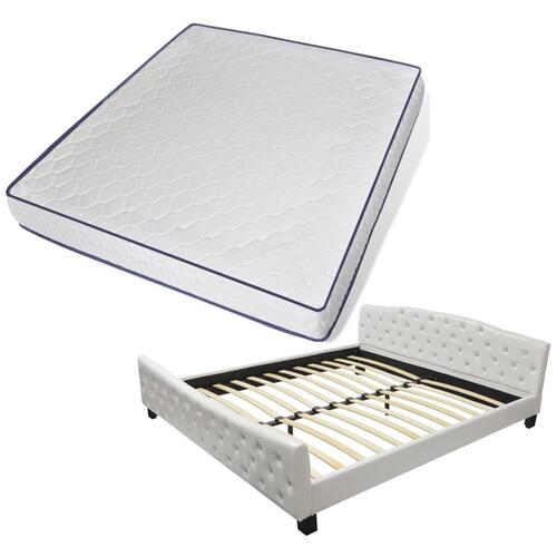 Seng med madras i memoryskum hvid kunstlæder 180 x 200 cm