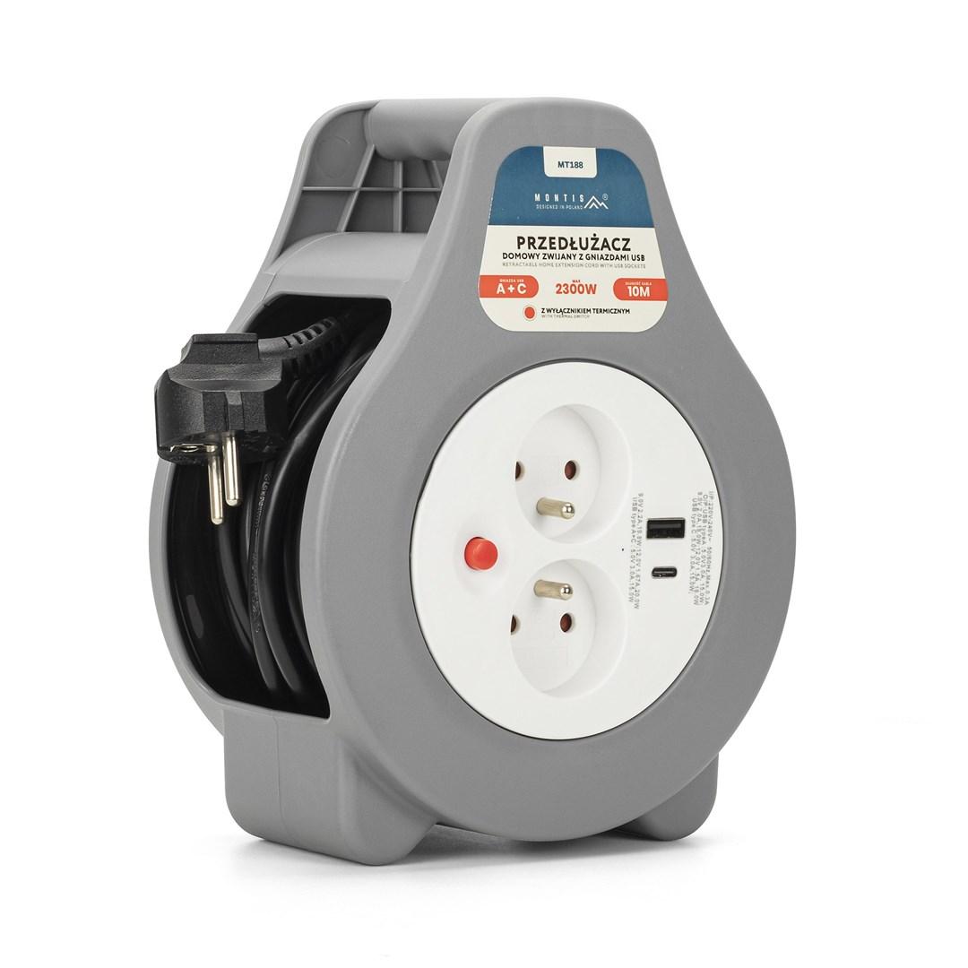 MONTIS MT188 forlængerledning på kabeltromle 10 m - 2x Schuko + USB, IP20