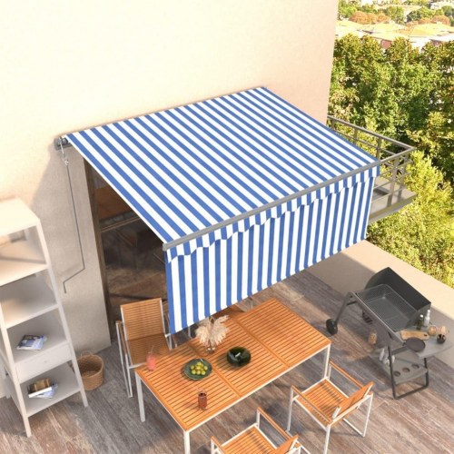 Markise med gardin 3,5 × 2,5 m - automatisk betjening, blå/hvid