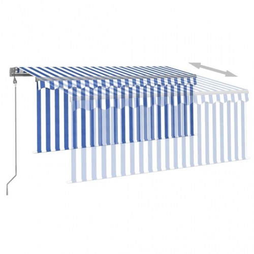 Markise med gardin 3,5 × 2,5 m - automatisk betjening, blå/hvid