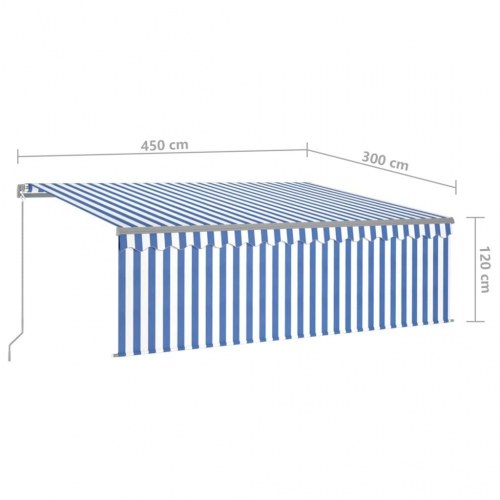 Markise med gardin 4,5 × 3 m - manuel betjening, blå/hvid