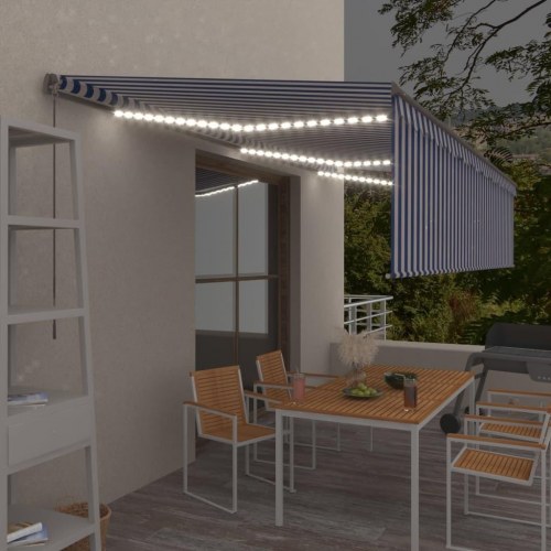Markise m. gardin + LED 6x3 m manuel betjening blå og hvid