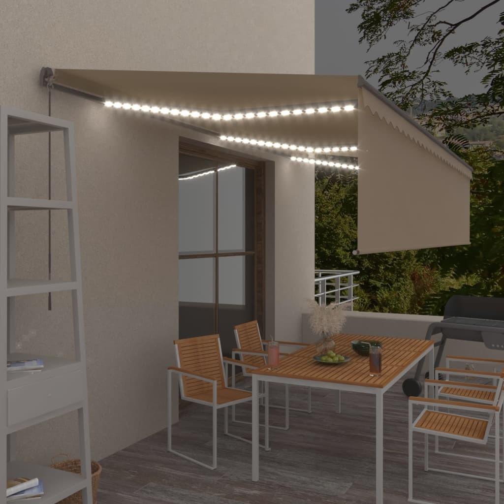 Markise med gardin og LED - 6×3 m, manuel betjening, cremefarvet