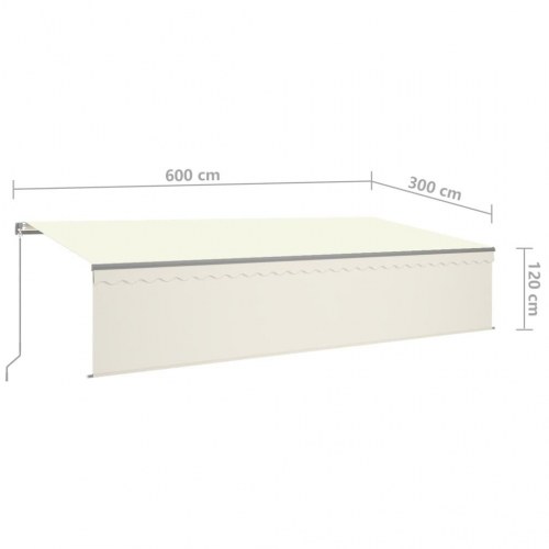 Markise med gardin og LED - 6×3 m, manuel betjening, cremefarvet