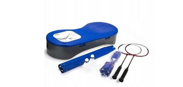 NILS eXtreme ZSB2 2-i-1 badminton- og tennissæt med net, 2 ketchere, 3 fjerbolde og kasse blå/sort