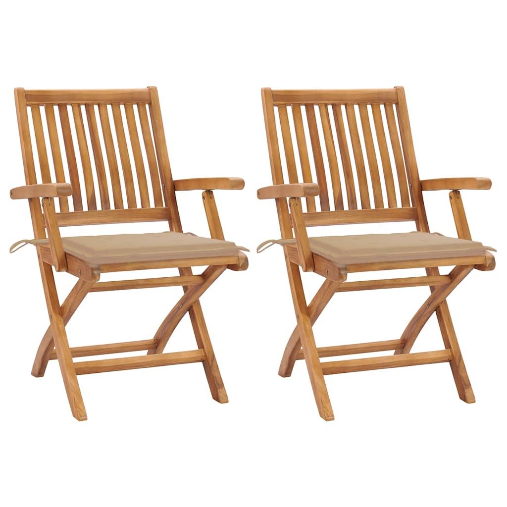 Havestole 2 stk. med beige hynder massivt teaktræ