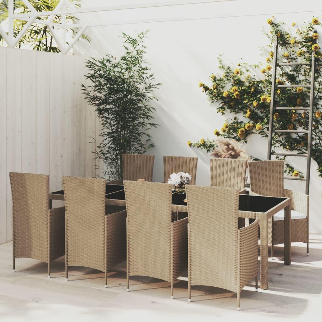 UdendÃ¸rs spisebordssÃ¦t 9 dele med hynder polyrattan beige