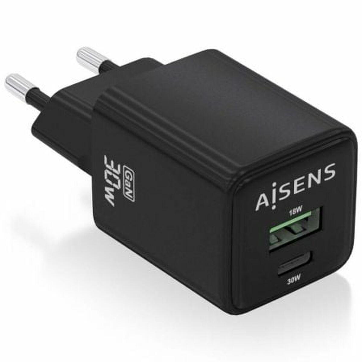 Aisens ASCH-30W2P038-BK vægoplader - 33 W, USB-C + USB, sort