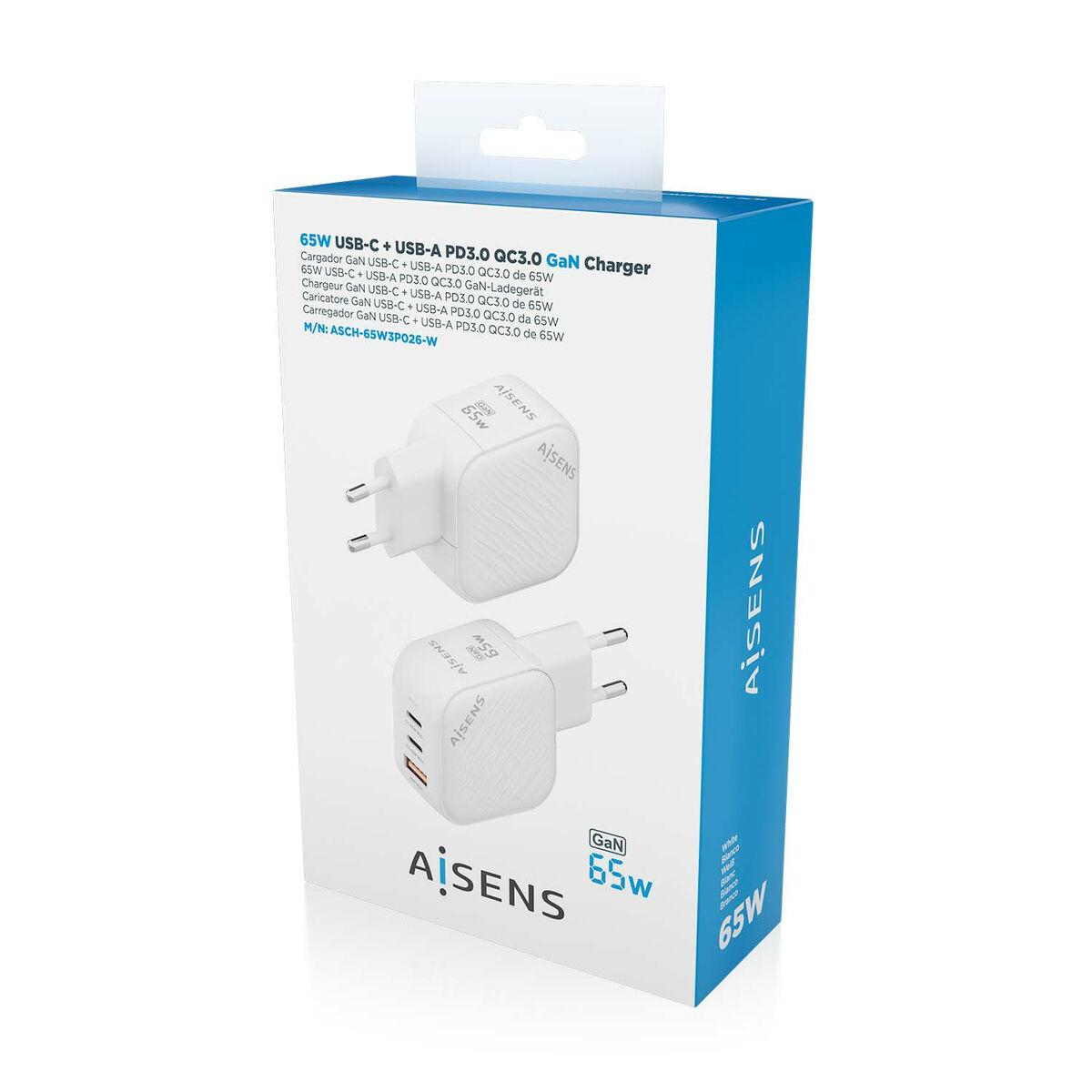 Aisens ASCH-65W3P026-W vægoplader 65 W - hvid, 2x USB‑C + USB
