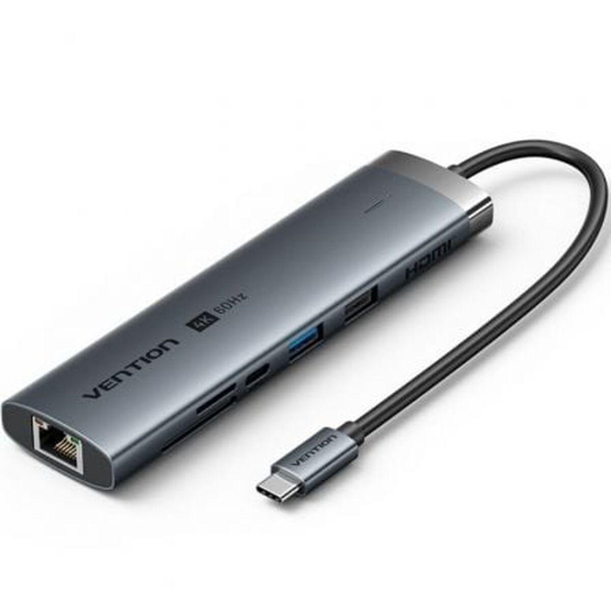 Vention TGUHB dockingstation - USB‑C hub med HDMI, RJ45 og kortlæser - grå