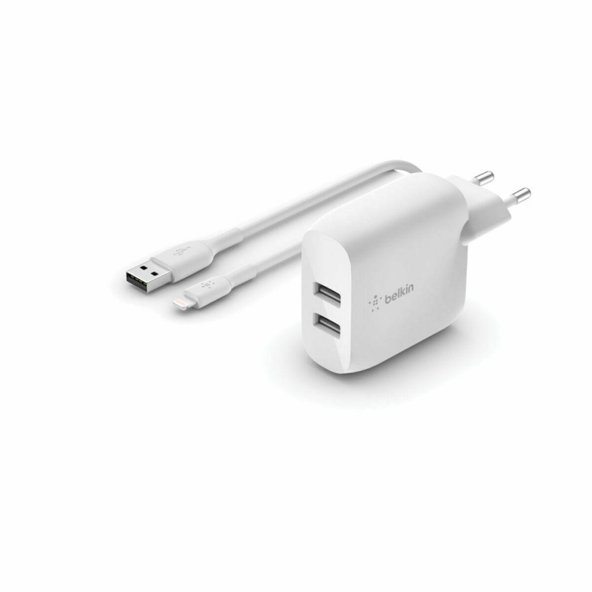 Belkin WCD001VF1MWH vægoplader med 2×USB-A + MFi Lightning-kabel - Hvid billede