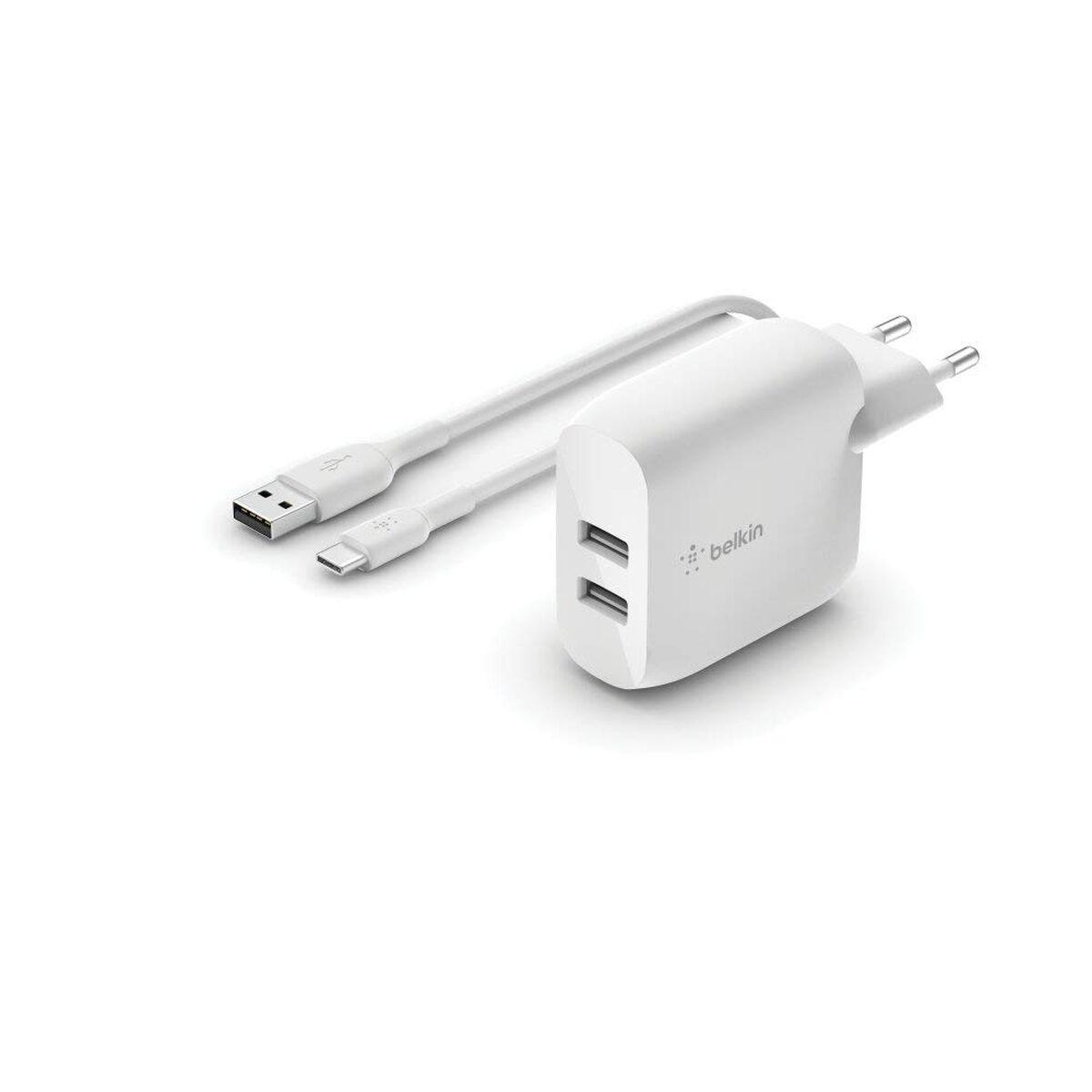 Belkin WCE001VF1MWH dobbelt USB-vægoplader 24 W - Hvid + 1 m USB-A til USB-C kabel billede