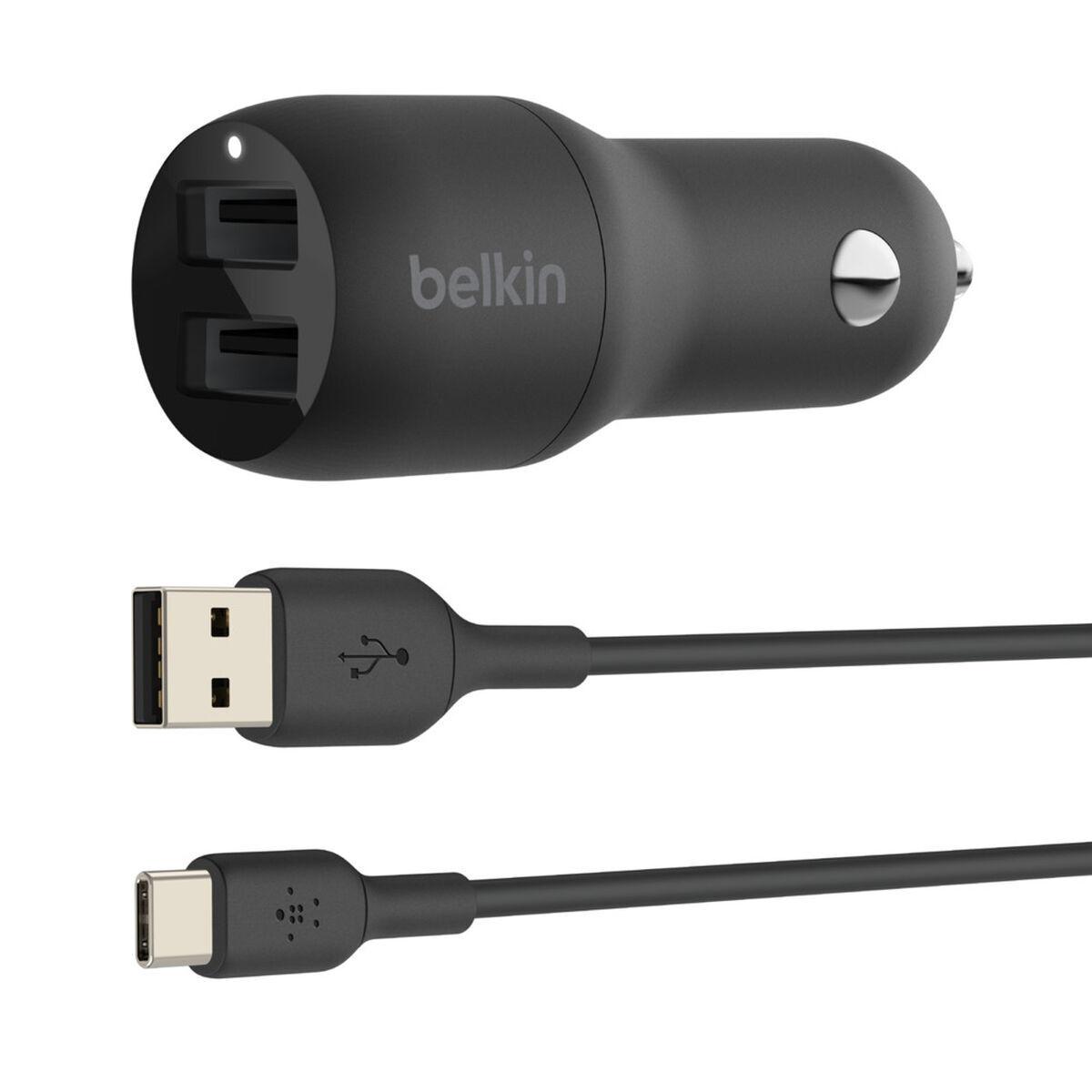 Belkin Boost Charge biloplader - 24 W, 2× USB-A + USB-A til USB-C kabel, sort billede