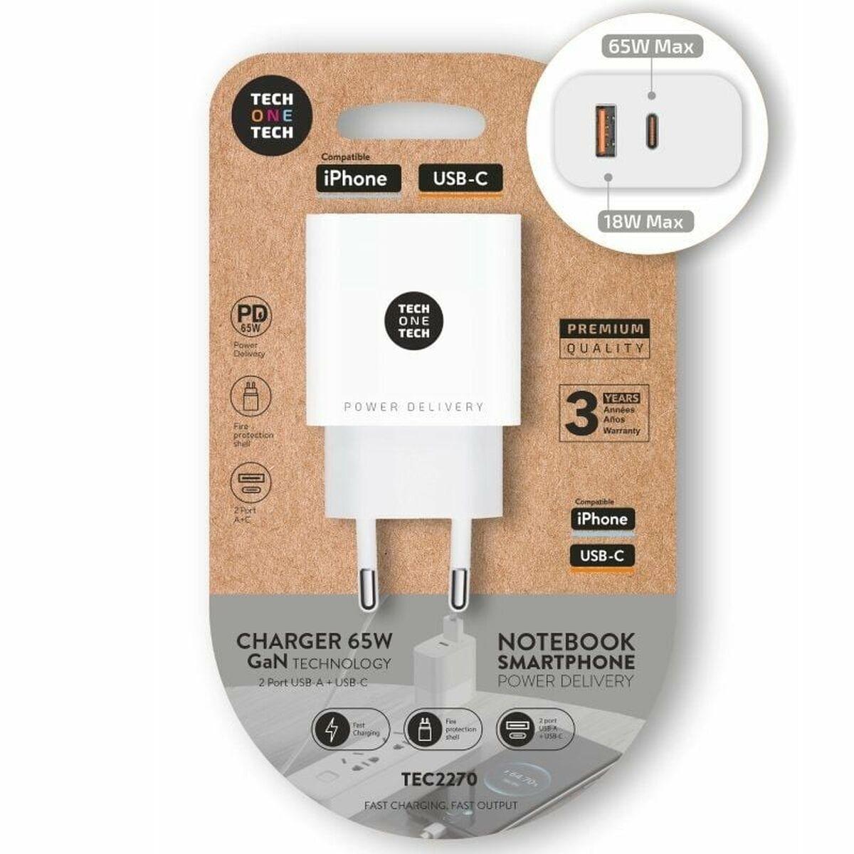Tech One Tech TEC2270 vægoplader 65 W - hvid/sort, USB-C + USB-A