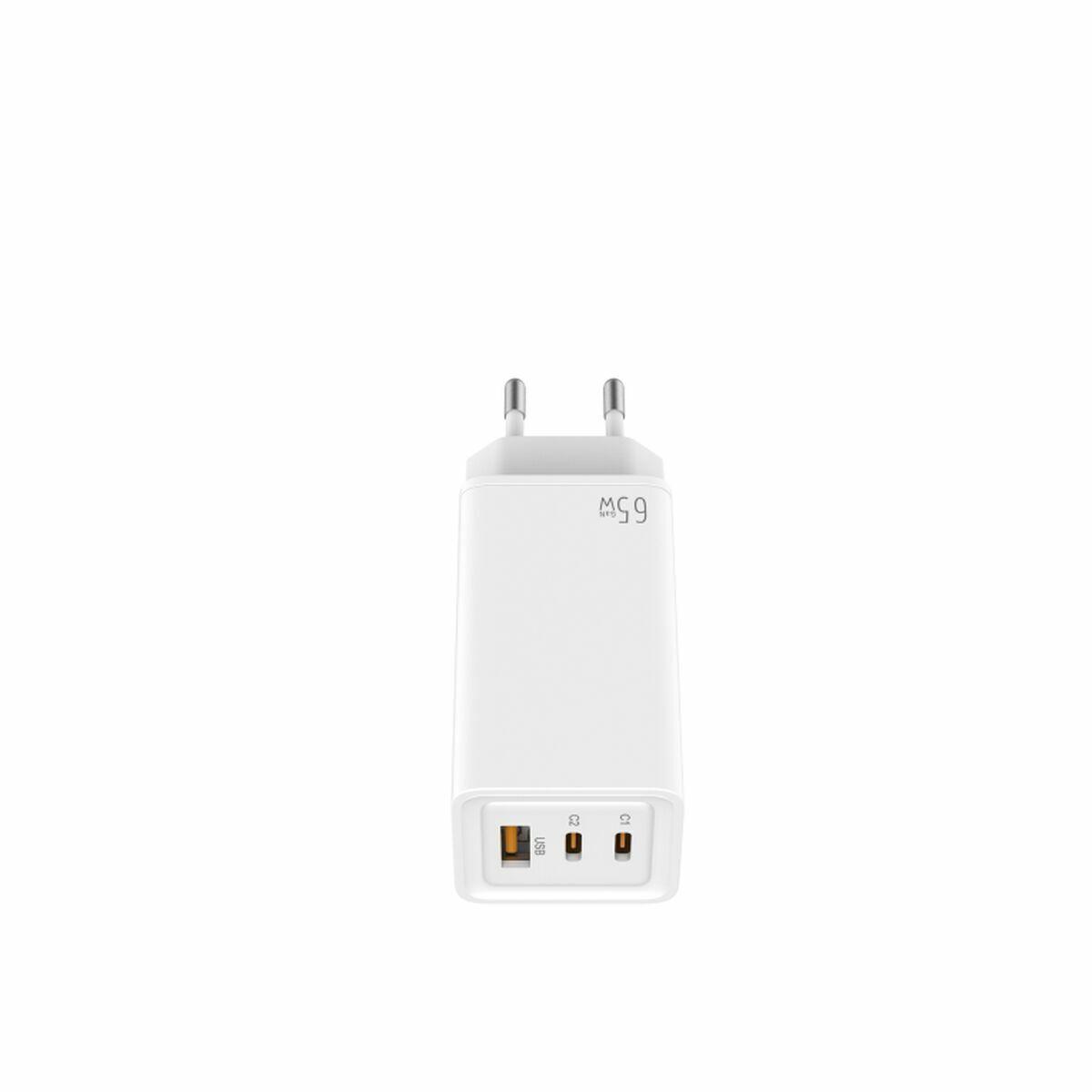LEOTEC LECSPH65W3W vægoplader 65 W - GaN, 2× USB‑C PD + USB‑A, hvid