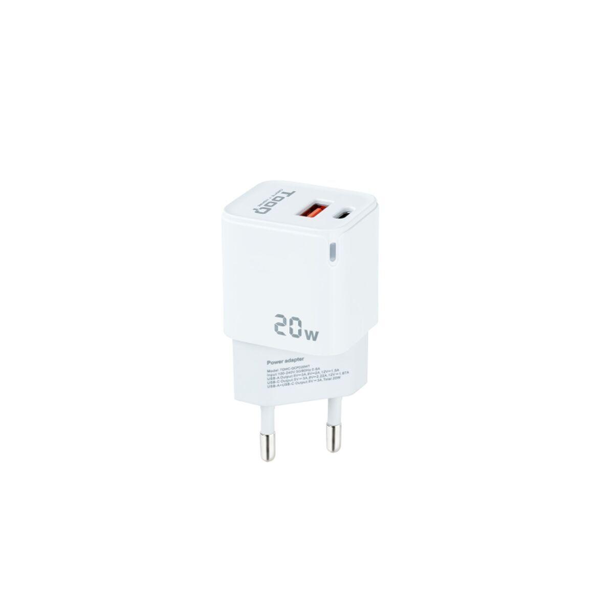TooQ TQWC-QCPD20WT vægoplader - hvid, 20 W, USB-C + USB-A