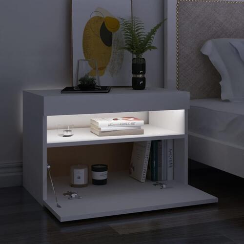 Sengebord med LED-lys 60x35x40 cm konstrueret træ hvid