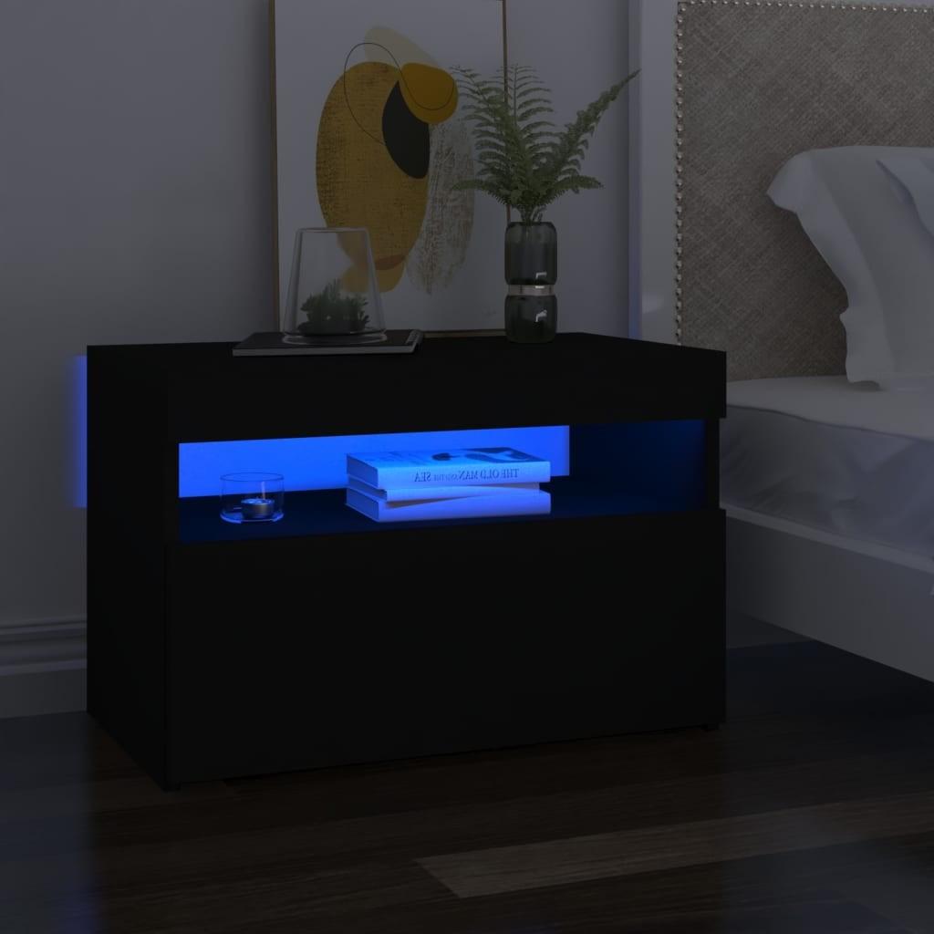 Sengebord med LED-lys 2 stk. 60x35x40 cm konstrueret træ sort