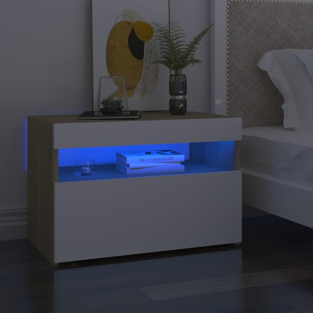 Sengebord med LED-lys 2 stk. 60x35x40 cm hvid og sonoma-eg