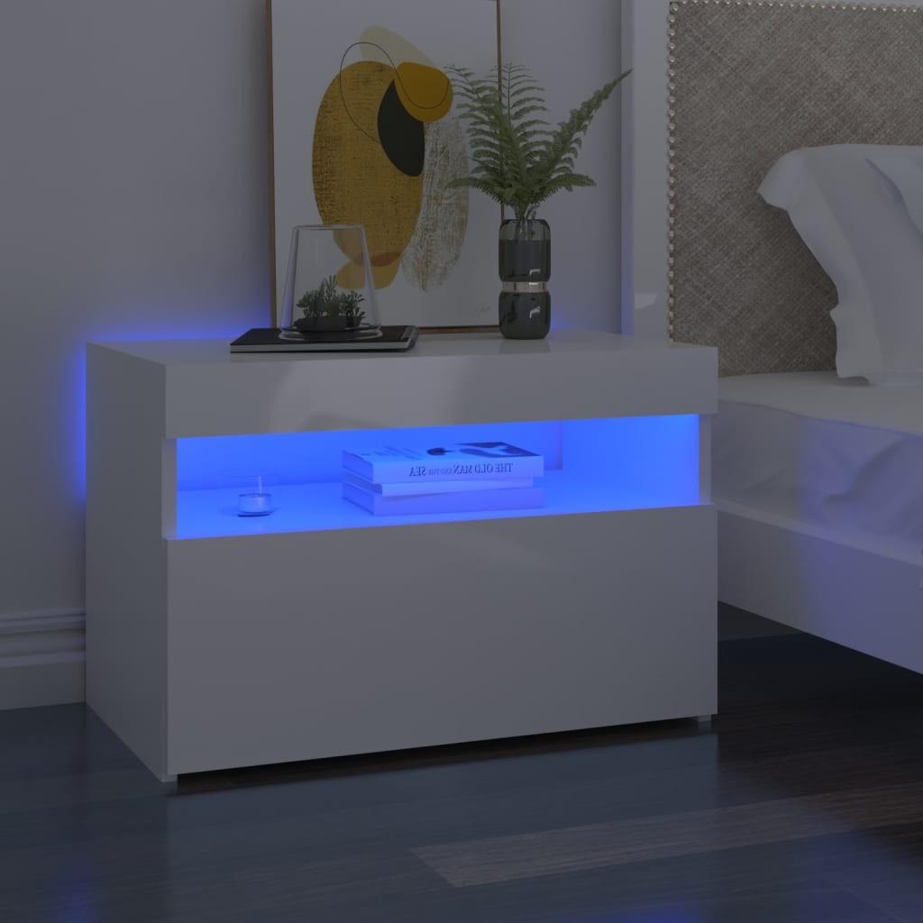 Sengebord med LED-lys 2 stk. 60x35x40 cm hvid højglans