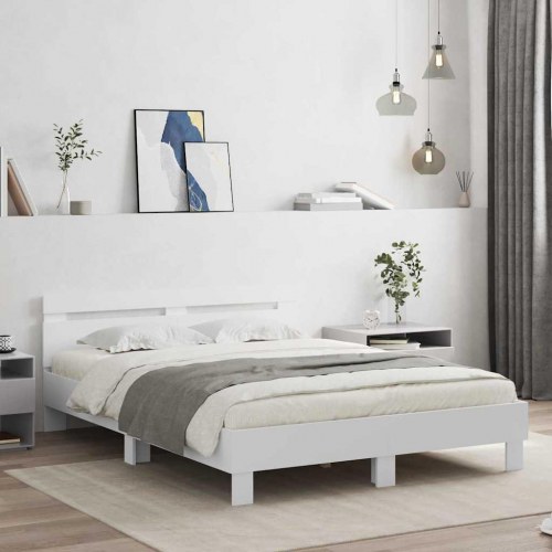 Sengestel med LED-lys - hvid 137 x 190 cm, konstrueret træ