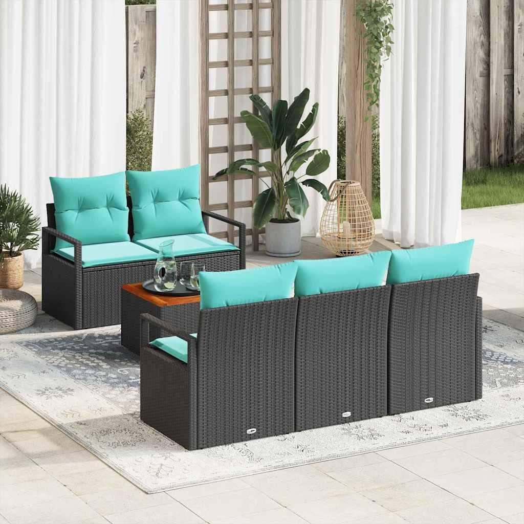 Havesofa Sæt med pude 6 stk Sort polyrattan