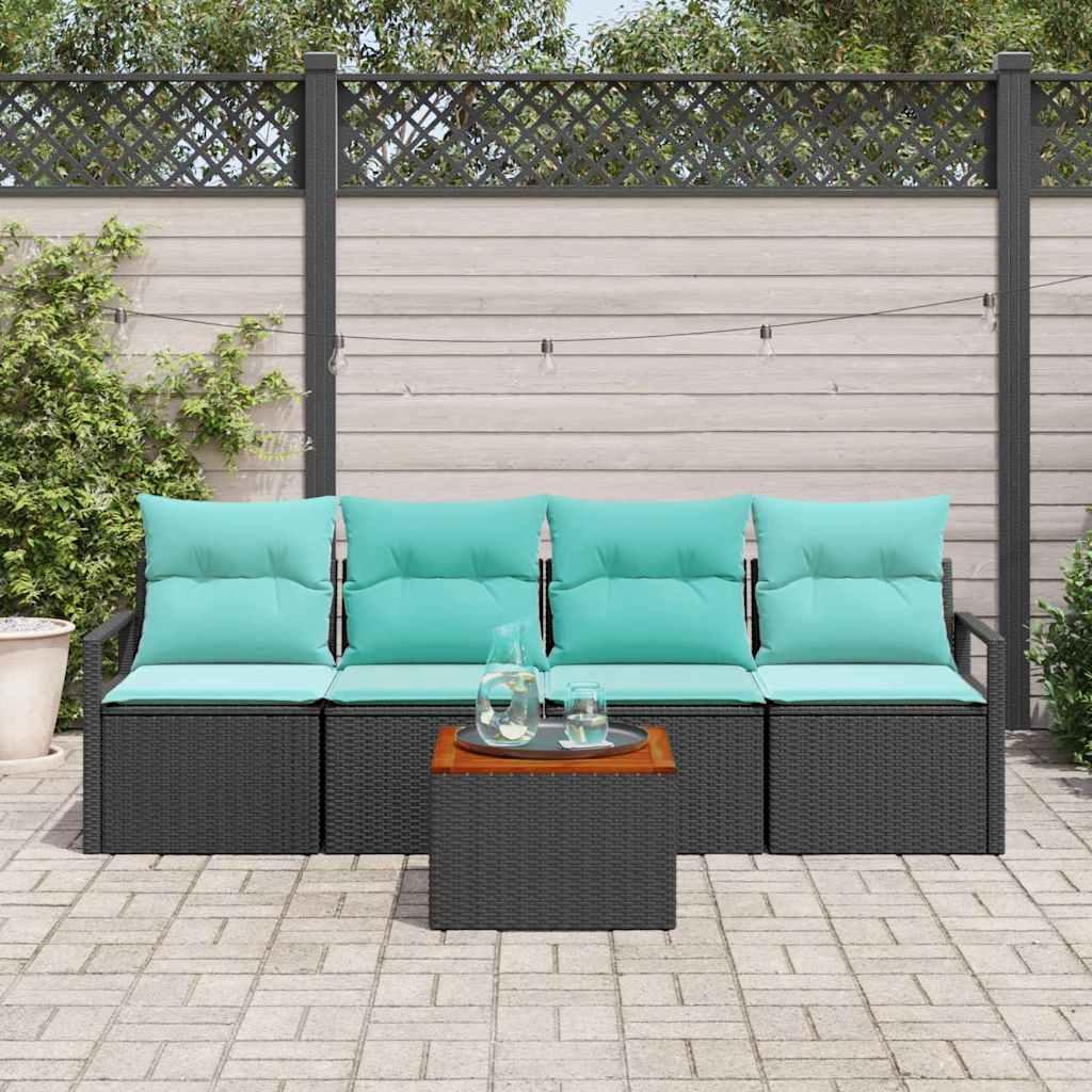 Havesofa Sæt med pude 5 stk Sort polyrattan