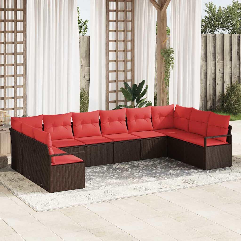 Sofa Sæt med pude 10 stk Brun polyrattan
