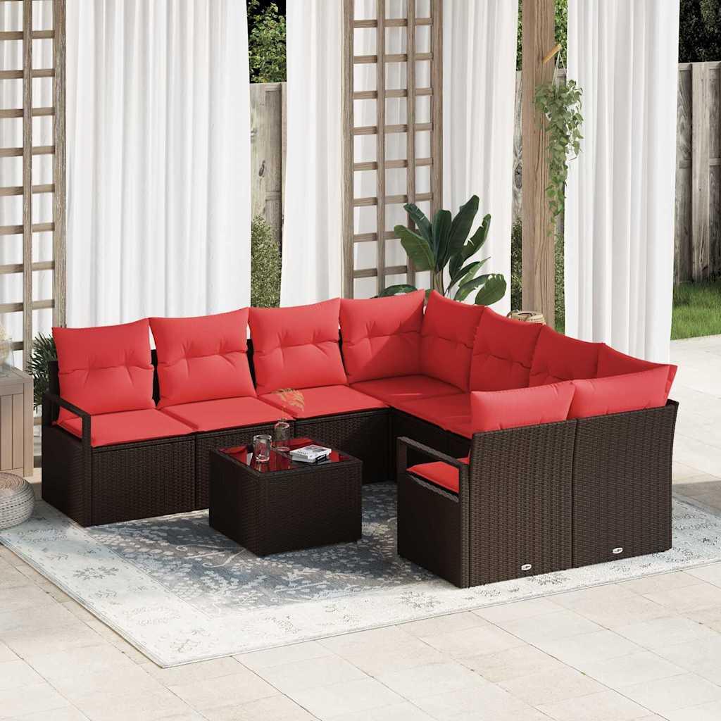 Sofa Sæt med pude 9 stk Brun og Rød polyrattan
