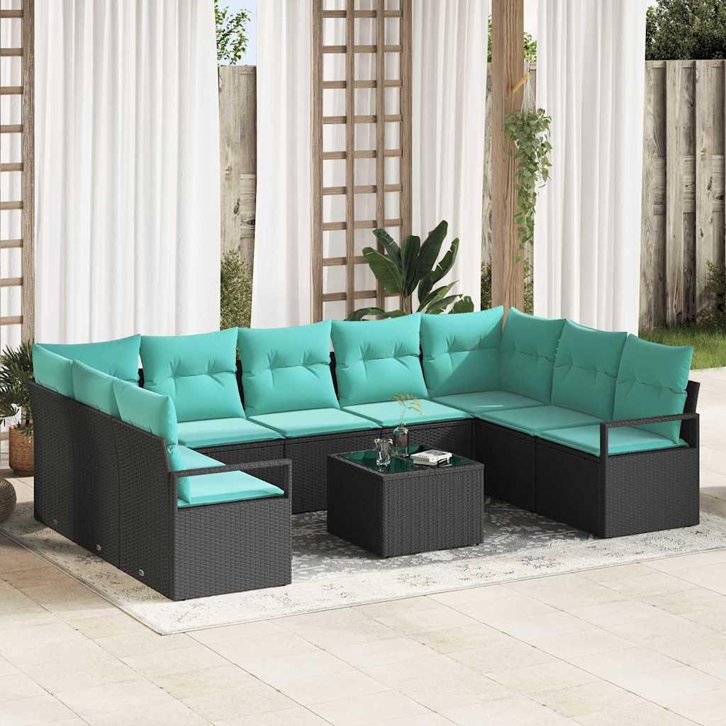 Sofa Sæt med pude 10 stk Sort polyrattan