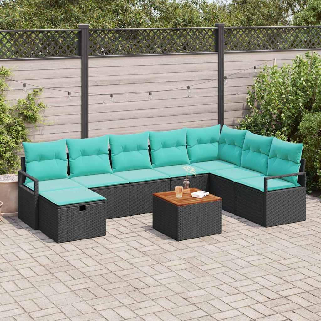 Havesofa Sæt med pude med opbevaring 9 stk Sort polyrattan