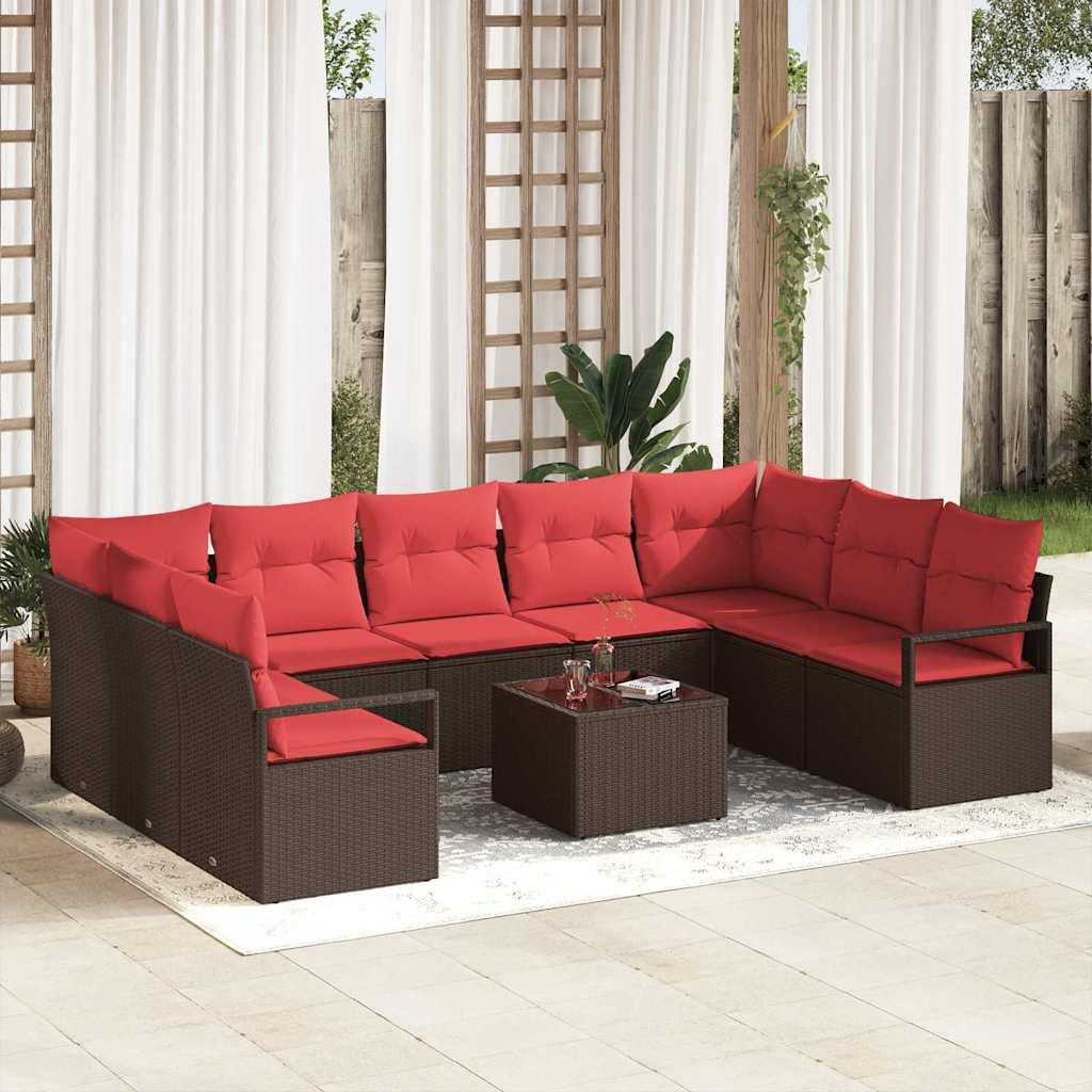 Sofa Sæt med pude 10 stk Brun polyrattan
