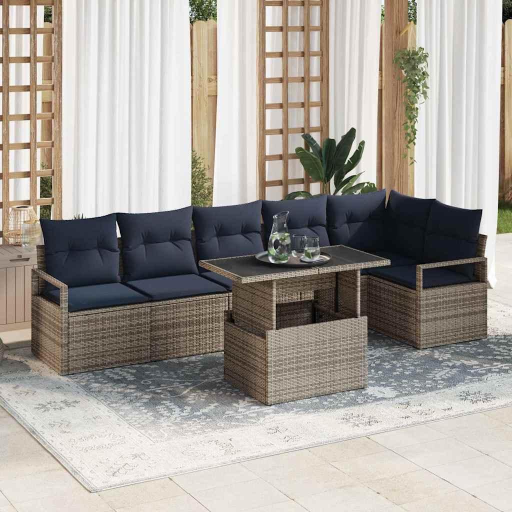 Havesofa Sæt med opbevaring 7 stk Grå og Marineblå polyrattan