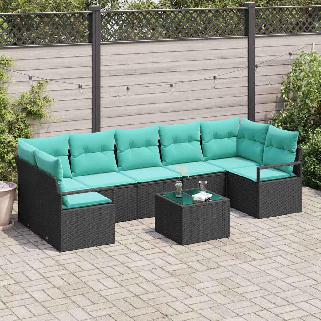 Sofa Sæt 8 stk Sort og turkis polyrattan