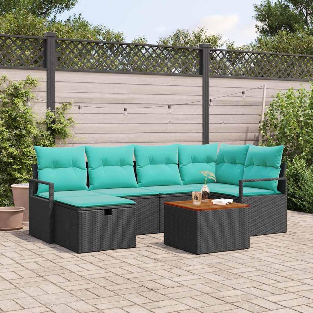 Havesofa Sæt med pude med opbevaring 7 stk Sort polyrattan