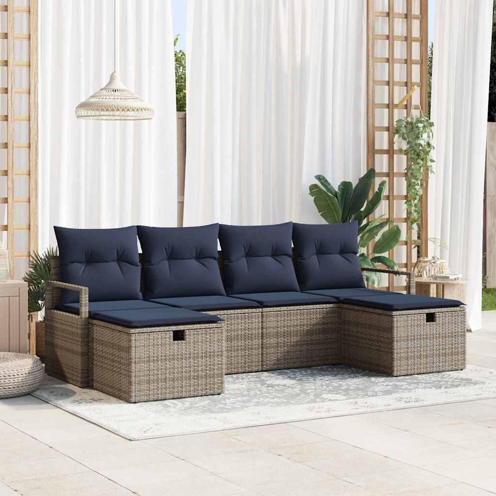 Sofa Sæt med pude 6 stk Grå og Marineblå polyrattan