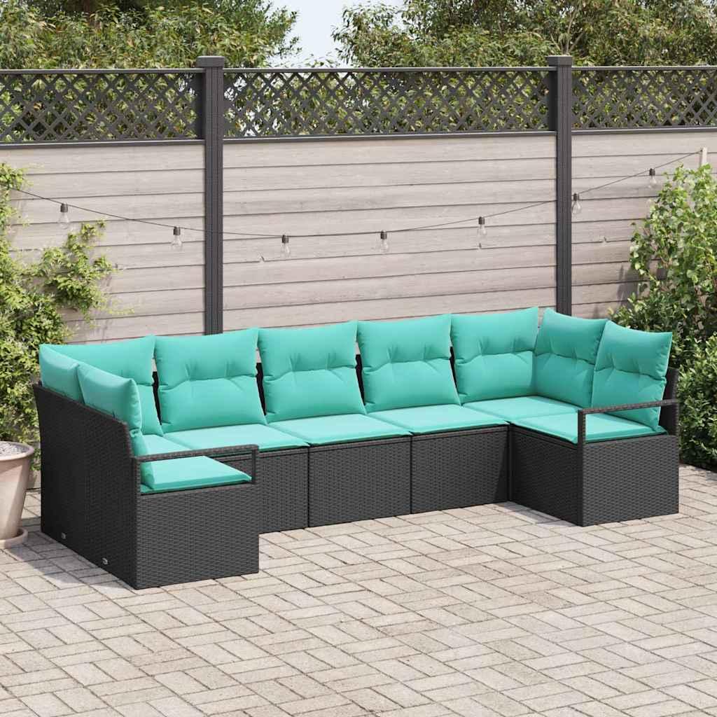 Sofa Sæt med pude 7 stk Sort polyrattan