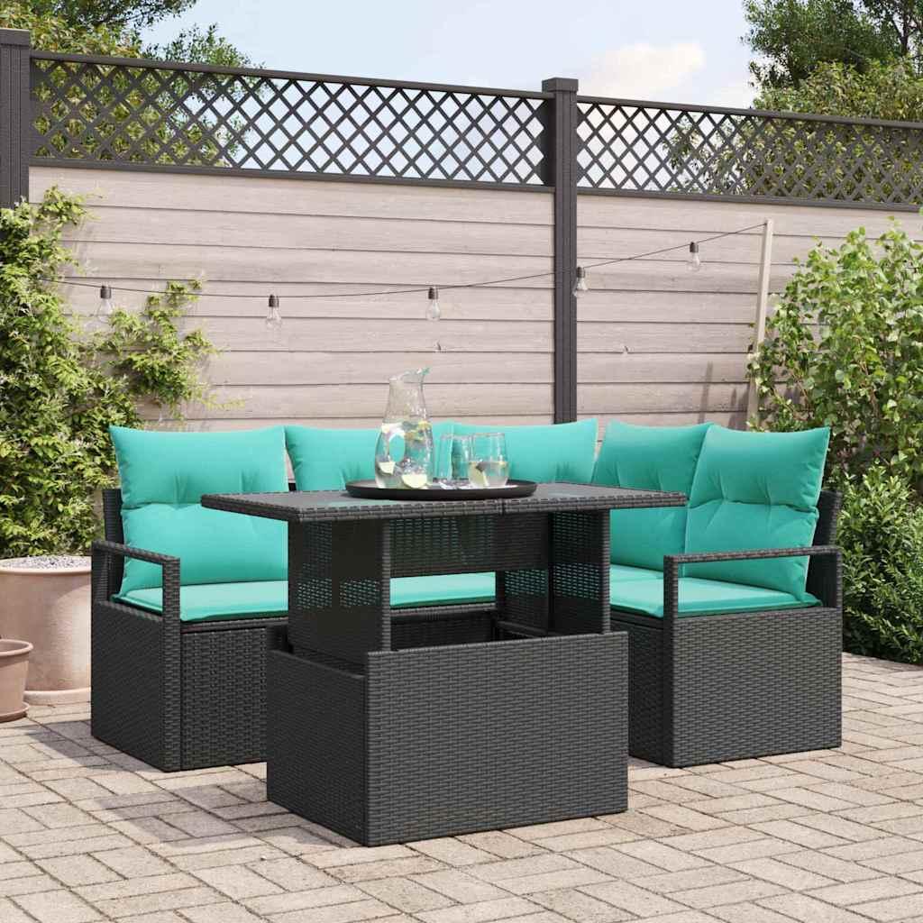 Havesofa sæt med puder 5 stk i sort og blå polyrattan