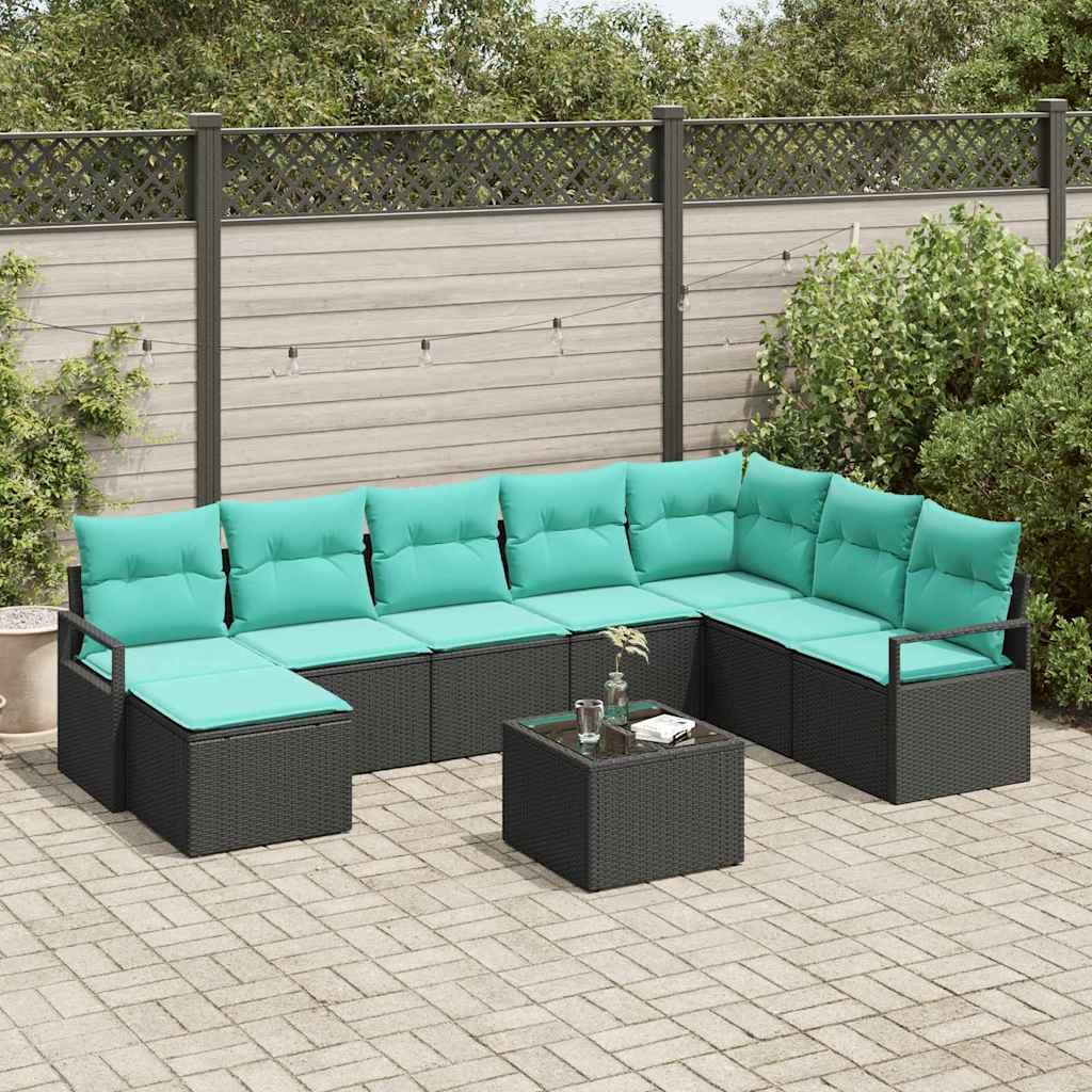 Sofa Sæt med pude 9 stk Sort polyrattan