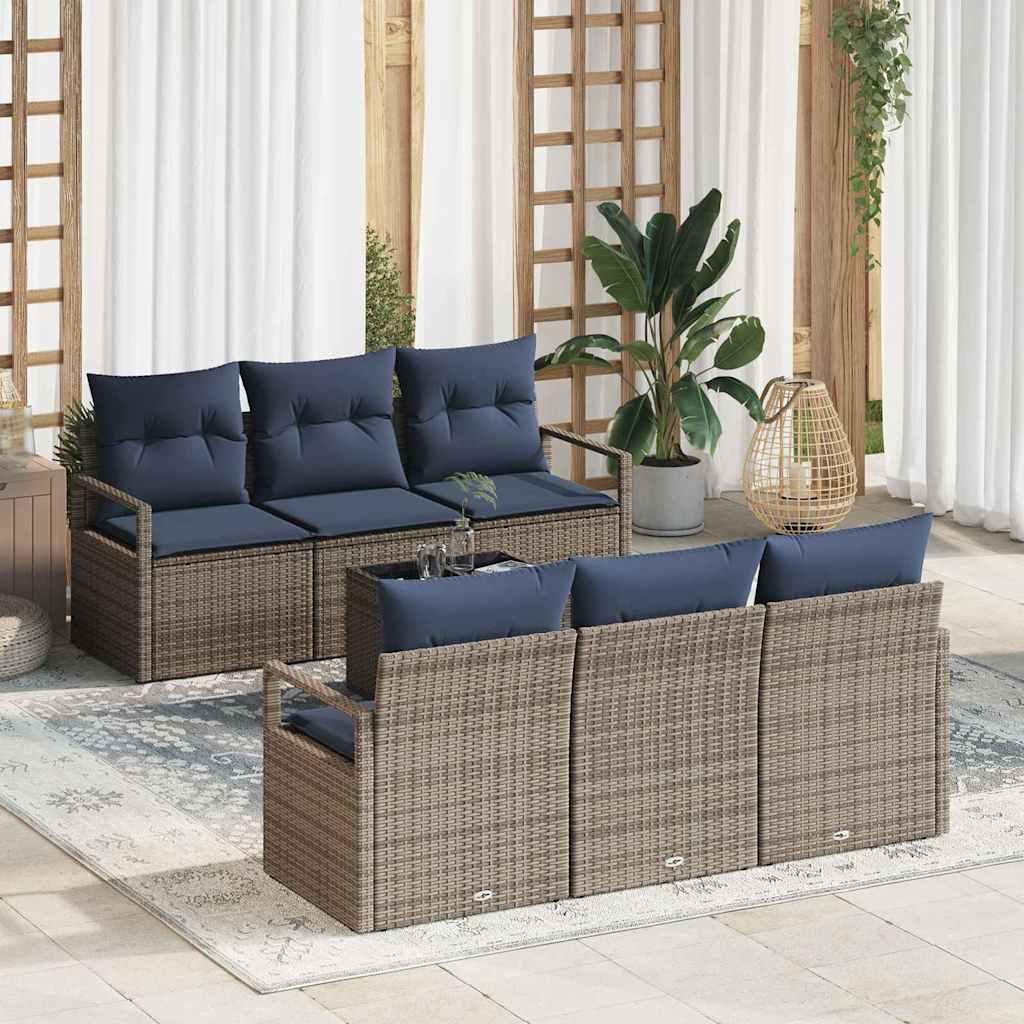 Sofa Sæt med pude 7 stk Grå og Marineblå polyrattan