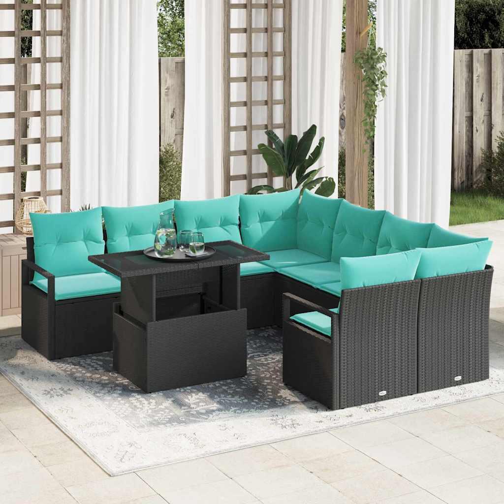 Havesofa sæt med opbevaring 9 stk i sort polyrattan med blå puder