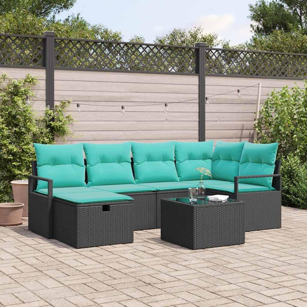 Sofa Sæt med pude 7 stk Sort og turkis polyrattan