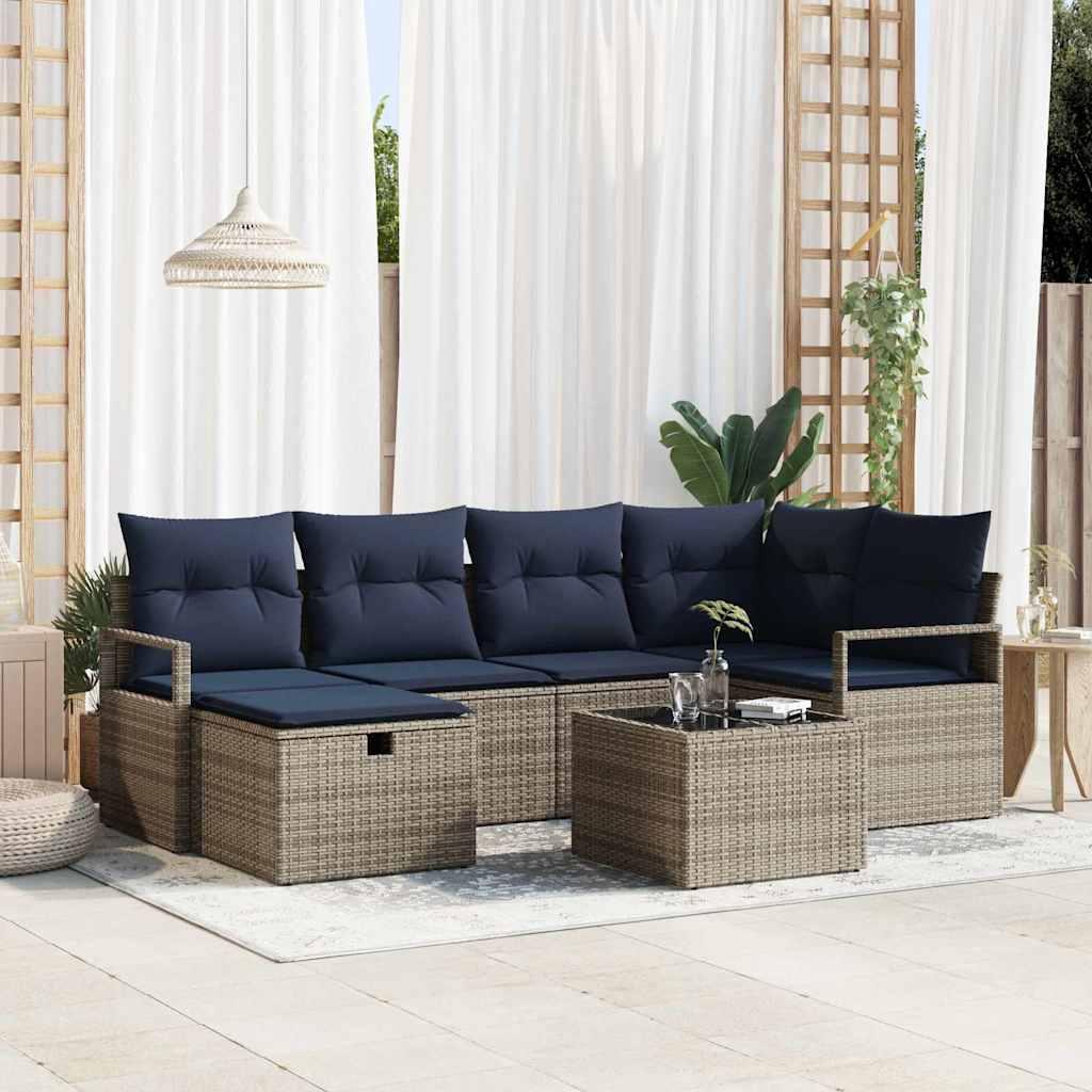 Havesofa loungesÃ¦t i grÃ¥ polyrattan med marineblÃ¥ puder - modulopbygget med opbevaring