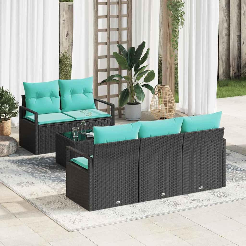 Sofa Sæt 6 stk Sort og turkis polyrattan