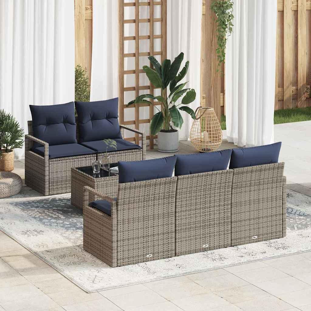 Sofa Sæt 6 stk Grå og Marineblå polyrattan