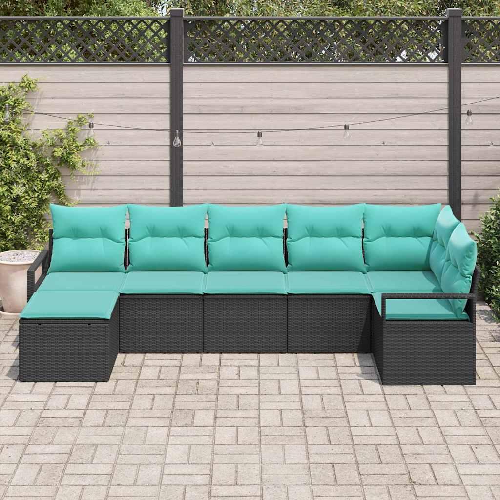 Sofa Sæt med pude 7 stk Sort polyrattan