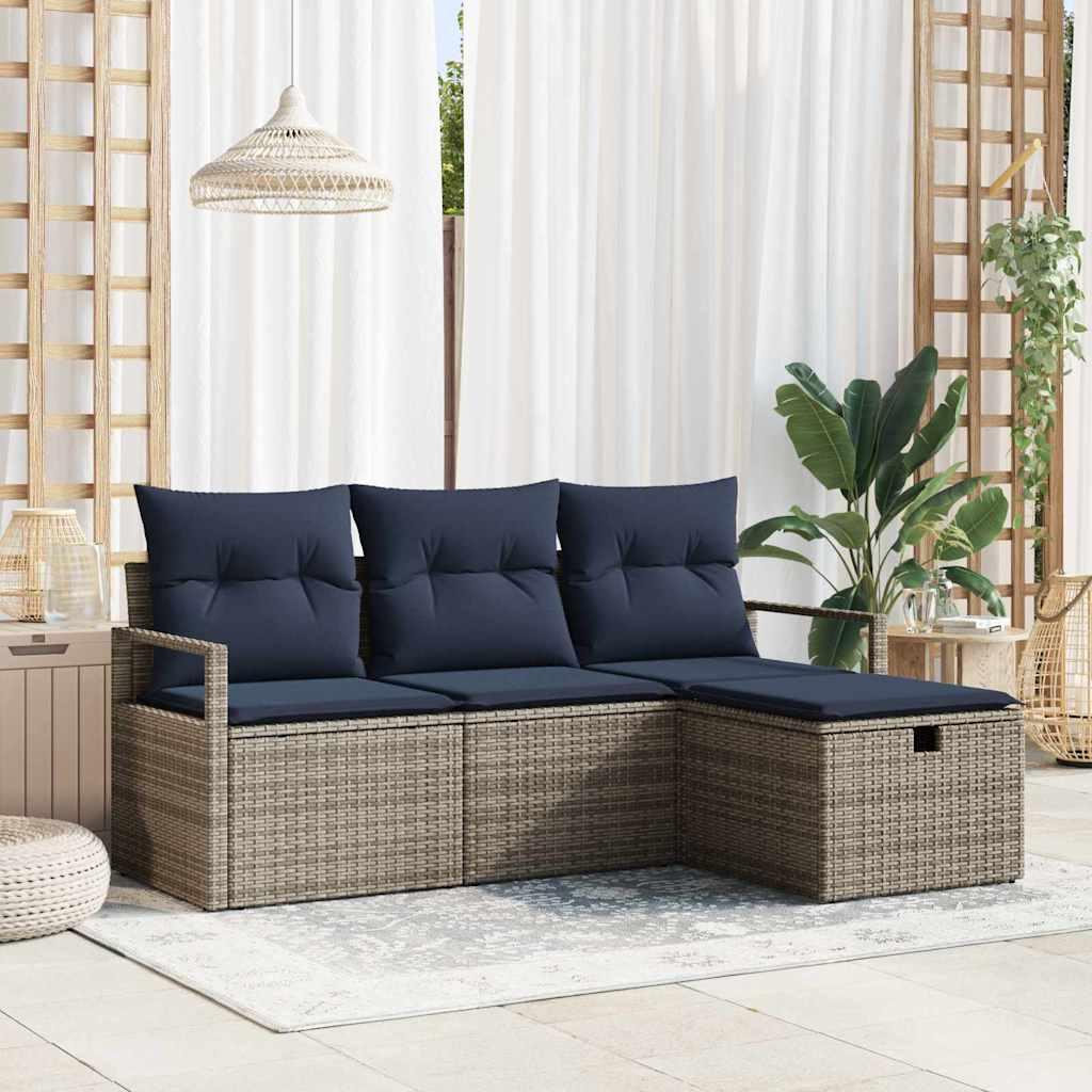 Havesofa sÃ¦t med puder, 4 dele - grÃ¥/marineblÃ¥ polyrattan