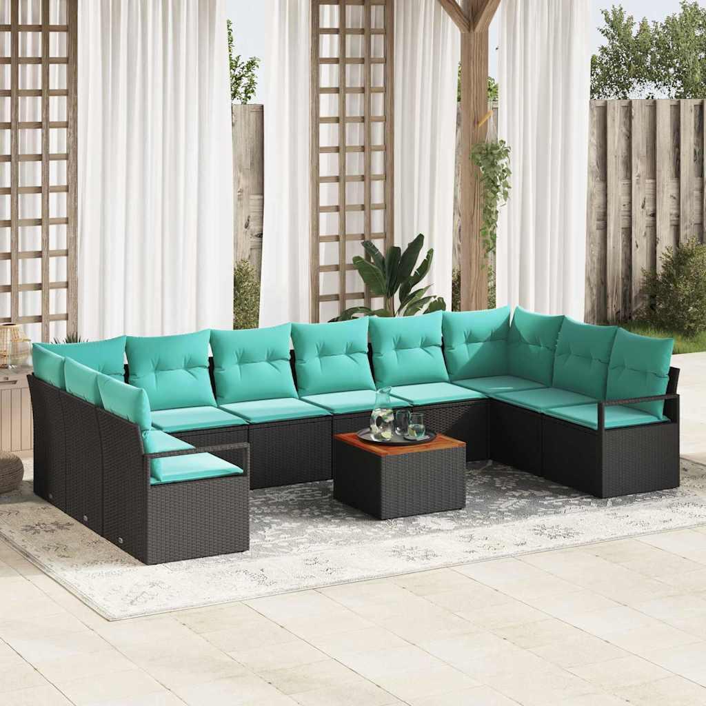 Havesofa Sæt med pude 11 stk Sort polyrattan
