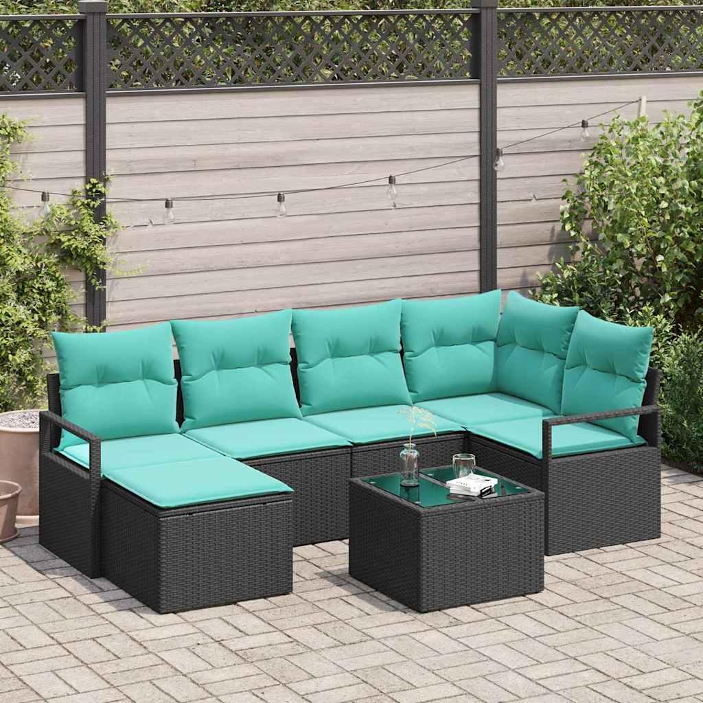 Sofa Sæt med pude 7 stk Sort polyrattan