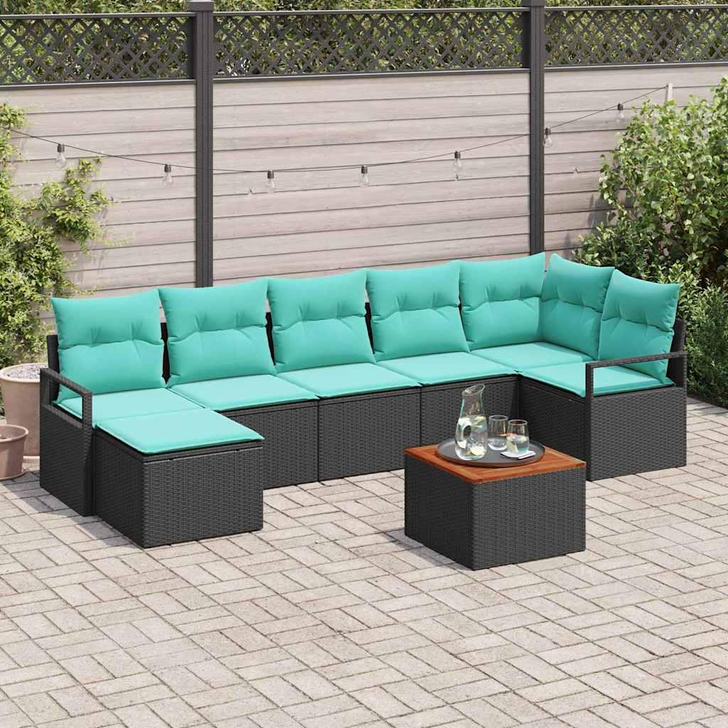 Havesofa Sæt med pude 8 stk Sort polyrattan